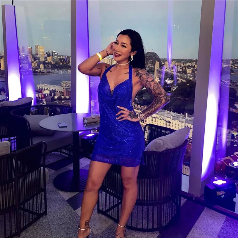 Robe de soirée sexy pour femme Bling Diamante, en cristal et strass, dos nu, pour festival, cocktail, soirée, rave.