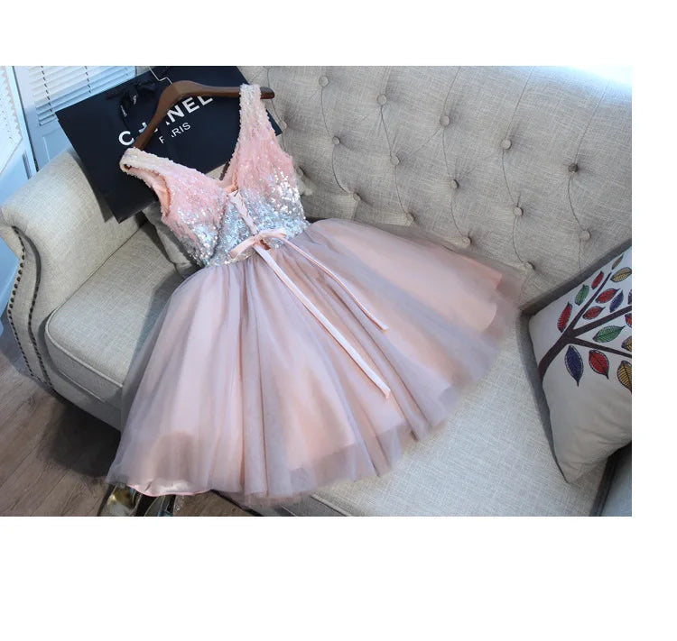 F2122 Customized Short Cocktail Party Dress Girl Graduation Robe 2025 Sweet Memory Colorful Sequined Mesh Tulle Prom Dresses