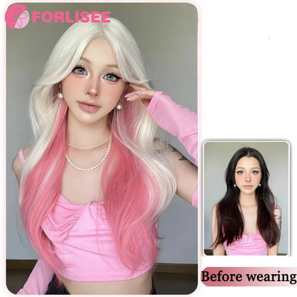 Pink Blonde Highlights Long Wavy Wig Synthetic Colorful Lolita Cosplay Hair Wigs with Bangs for Women Heat Resistant Daily Use