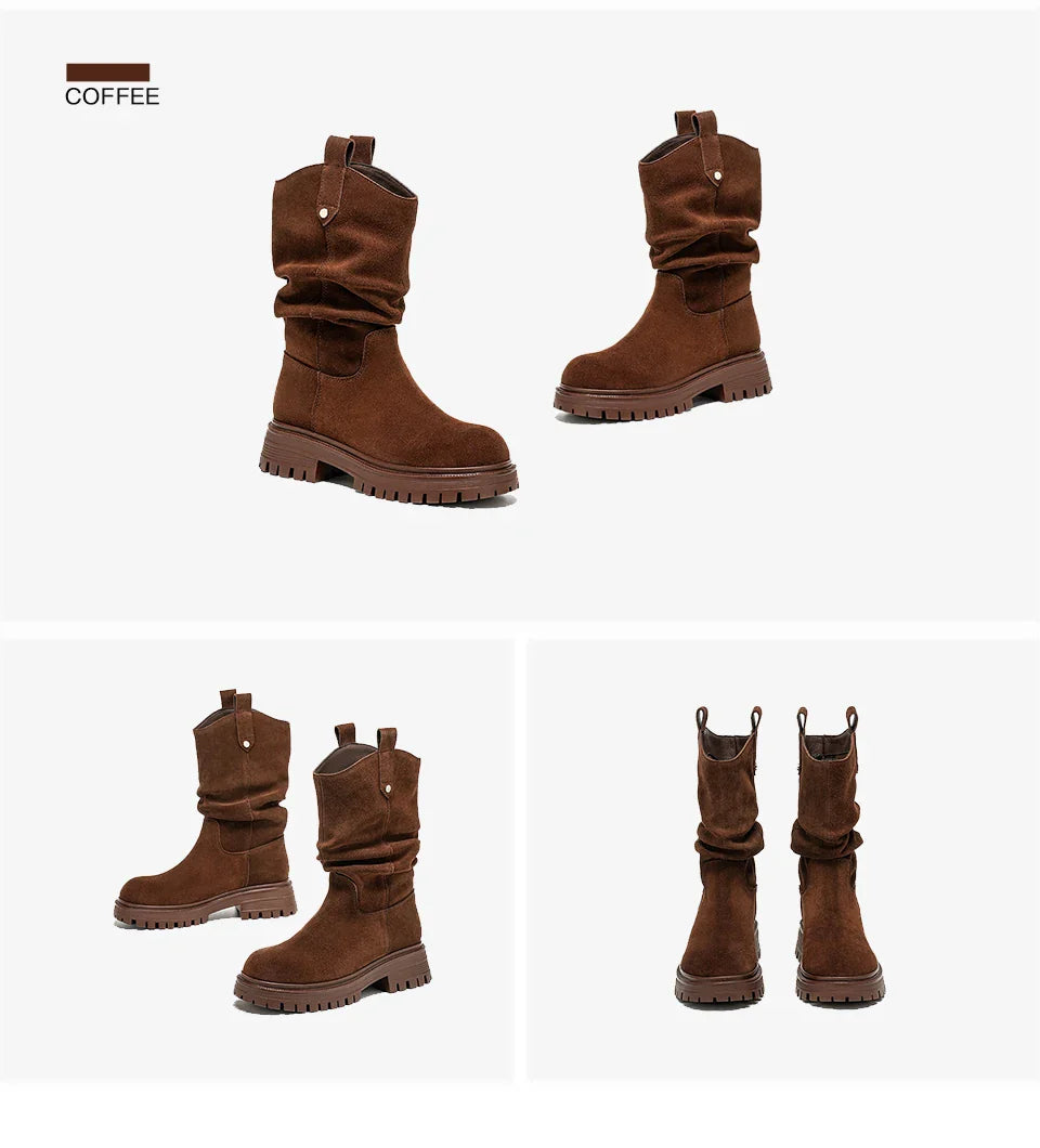 BEAUTODAY Ruched Western Boots Women Cow Suede Leather Rivet Decoration Round Toe Solid Color Autumn Winter Shoes Handmade 06304