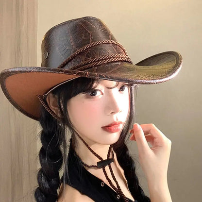 Chapeau de Cowboy occidental de Style ethnique Cool, chapeau de chevalier en Polyester à large bord, couleur unie noir/marron, chapeau de Jazz pour filles