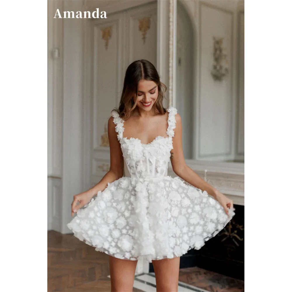 Amanda Custom White Short Evening Dress, Floral Lace, Embroidered, Lace-Up, Spaghetti Straps, Party Wear
