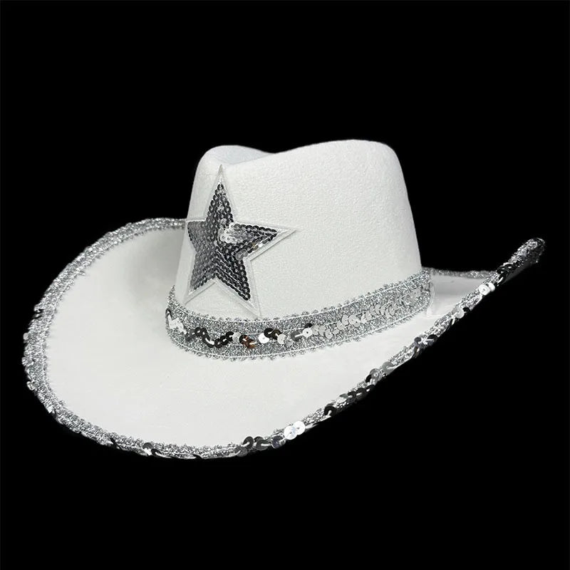 Chapeau de Cowboy Rose pour Femmes Filles Chapeau Western à Large Bord Chapeau à Paillettes Scintillantes pour Spectacle Costume de Cowgirl pour Fête de Mariage