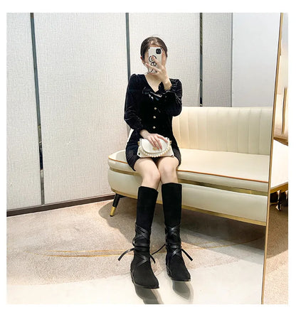 Matte Leather Gothic Western Cowboy Boots Women's Fashion Autumn New Style Pointed Toe Lace-up Retro High Top Flat Heel Boots