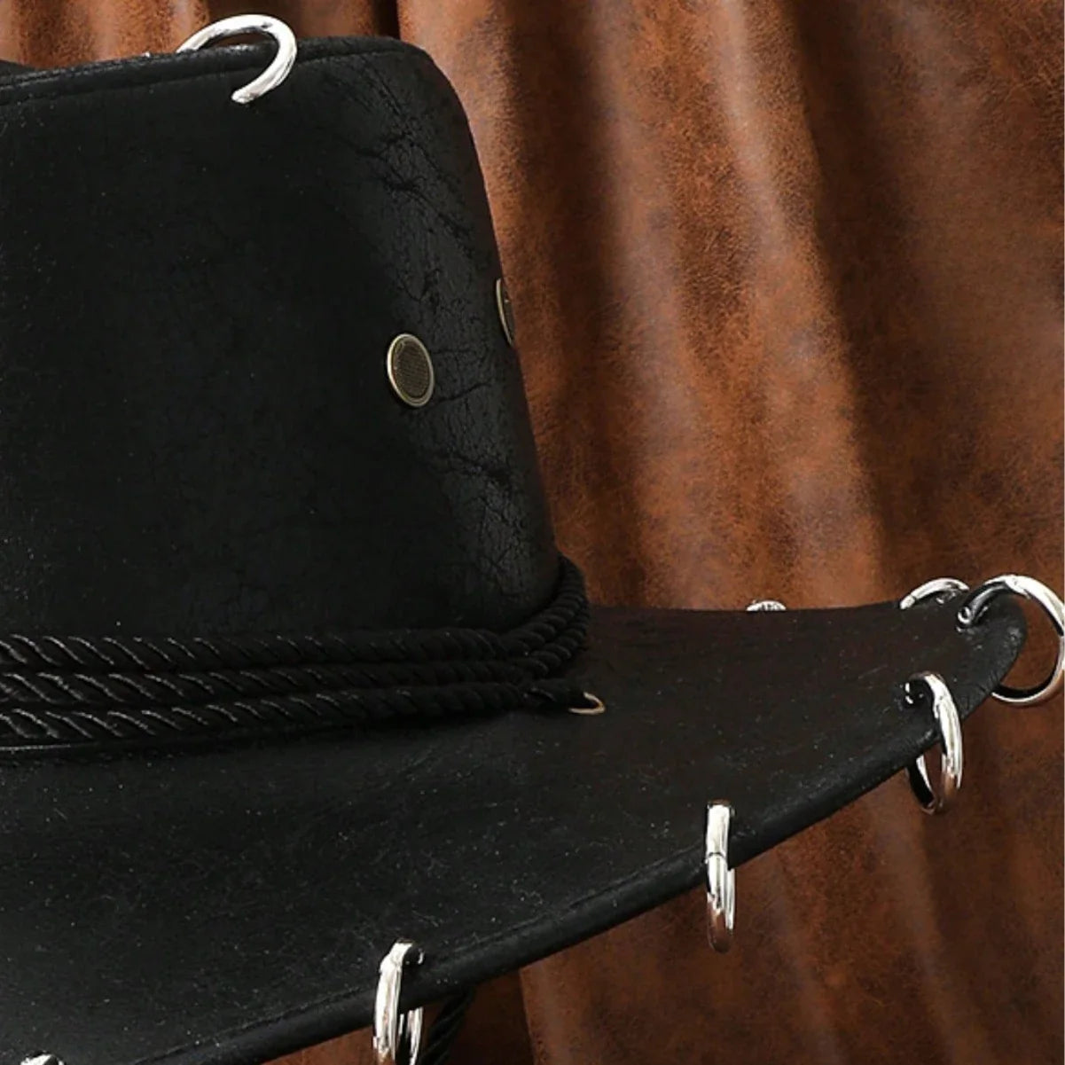 HongLuan – Chapeau de cowboy unisexe en cuir PU noir réglable, style occidental, idéal pour les voyages, avec badge tête de taureau, pour l'extérieur
