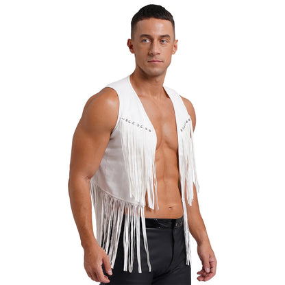 Men Halloween Western Cowboy Cosplay Costume Faux Suede Tassel Rivets Vest Waistcoat Motorcycling Rave Party Nightclub Outerwear
