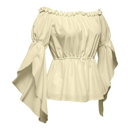 Women's Renaissance Ruffle Blouses, Ruched Sleeve Pleated Blouse, Off Shoulder Boat Neck Medieval Shirt, Victorian Shirt