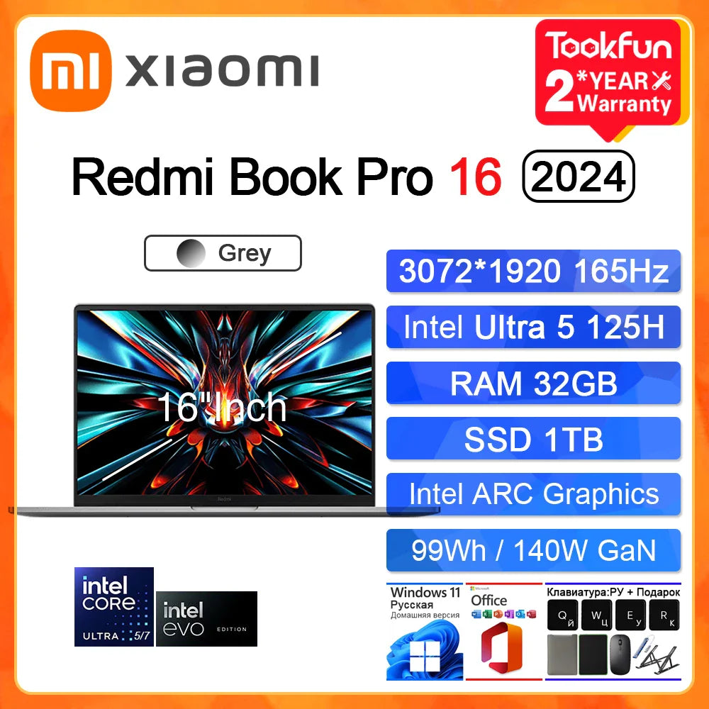 XIAOMI Redmi Book Pro 16 2024 Laptop Intel Ultra5 125H 7 155H RAM 32GB SSD 1TB 16"Inch 3.1K 165Hz Notebook Ultrabook Computer PC