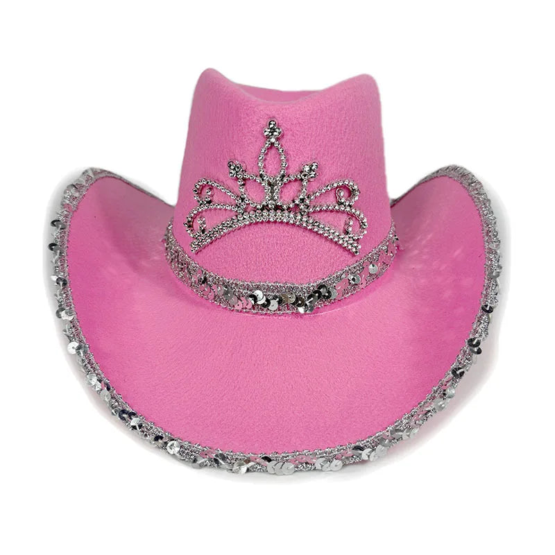 Chapeau de Cowboy Rose pour Femmes Filles Chapeau Western à Large Bord Chapeau à Paillettes Scintillantes pour Spectacle Costume de Cowgirl pour Fête de Mariage