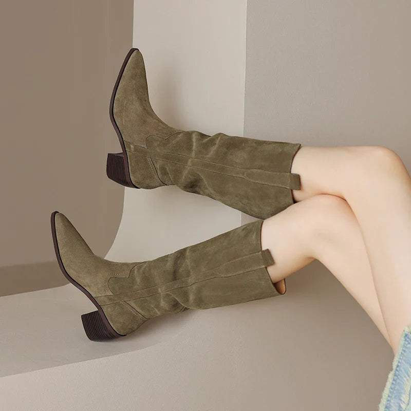 Bottes de Cowboy en Daim de Vache à Talons Hauts pour Femme, Style Vintage, Style Country Western, à la Mode, Automne Hiver