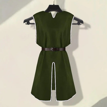 Tunique Viking Médiévale Chemise Col V Sans Manches Avec Ceinture Mi-Longue Grande Taille Cosplay Performance Déguisement Halloween Haut de Pirate