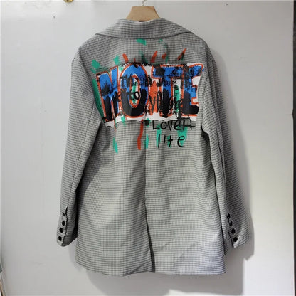 Women Letters Graffiti Checked Blazers Coat Plaids Suits Jacket Mid Length OL Turn Down Collar Cardigan Crop Tops Jaqueta