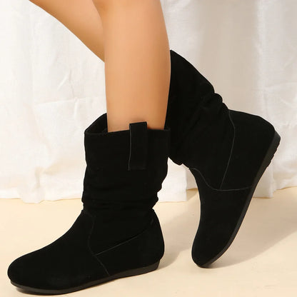 Women Flat Mid-calf Suede Ankle Boots Platform West Cowboy Shoes Round Toe Boot 2025 Autumn Designer Ladies Suede Botas De Mujer