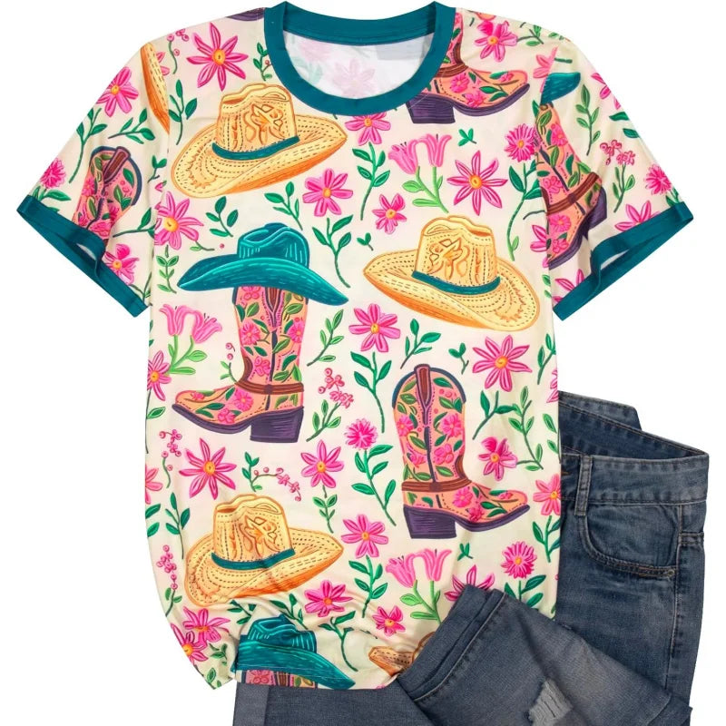 Bohemian Western Cowgirl Shirt: Vintage Western Rodeo Pattern T-Shirt Cowgirl 3D Digital Print Short Sleeve Top