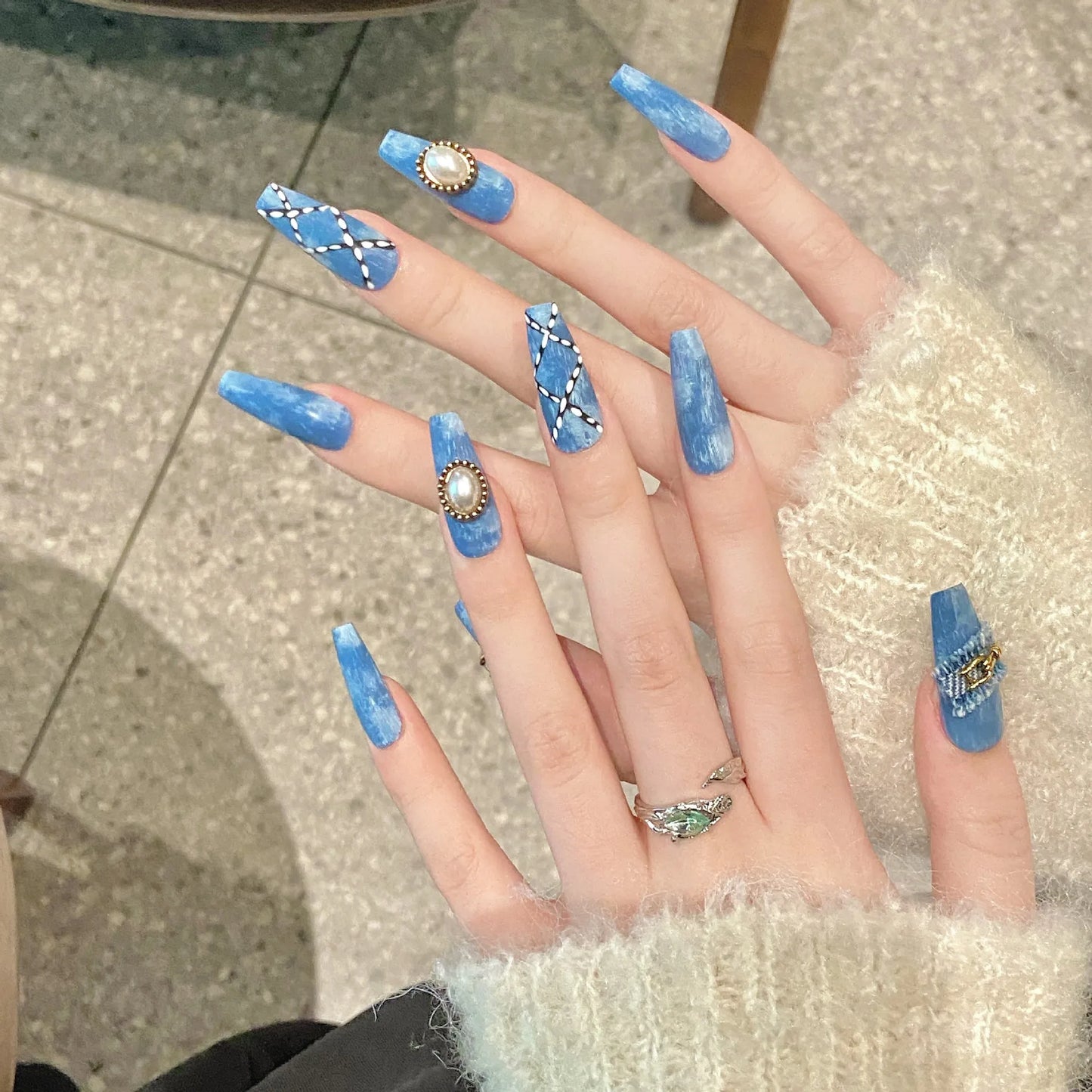 10 faux ongles bleus faits main de style cowboy, ongles adhésifs à presser, couverture complète, Uñas Накладные Ногти