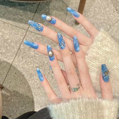 10 faux ongles bleus faits main de style cowboy, ongles adhésifs à presser, couverture complète, Uñas Накладные Ногти
