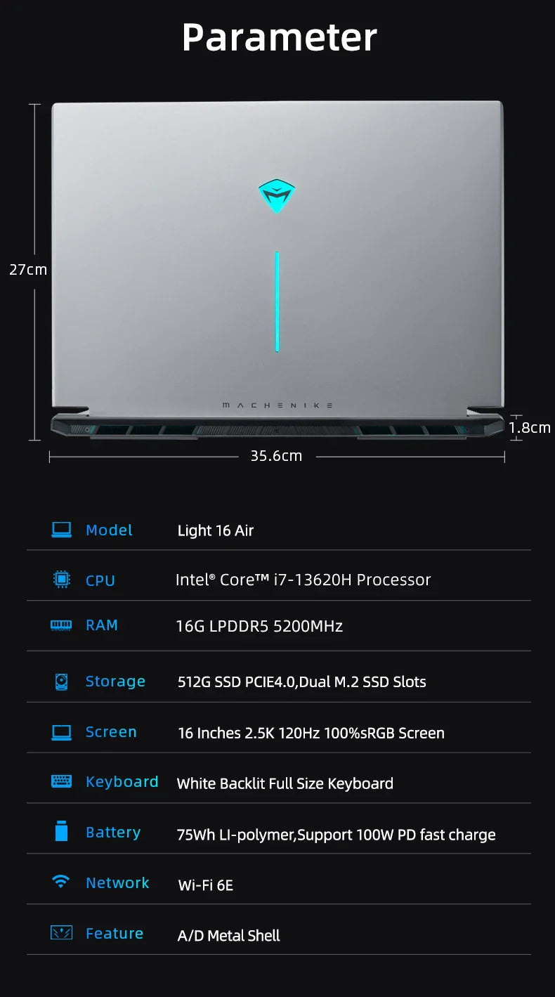 Pre Sale Machenike Laptop Light 16 Air intel core i7 13620H 16‘’ 2.5K 100%SRGB 120Hz 16G RAM DDR5 512G SSD Russian Keyboard