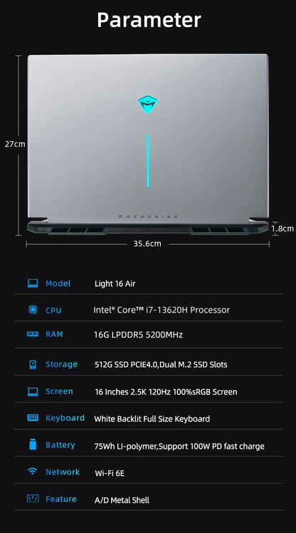 Pre Sale Machenike Laptop Light 16 Air intel core i7 13620H 16‘’ 2.5K 100%SRGB 120Hz 16G RAM DDR5 512G SSD Russian Keyboard