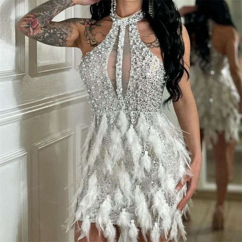 Sexy Glitter Sequins Birthday Dress Women Nightclub Party Halter Backless Feathers Sleeveless Prom Cocktail Short Dresses Robe