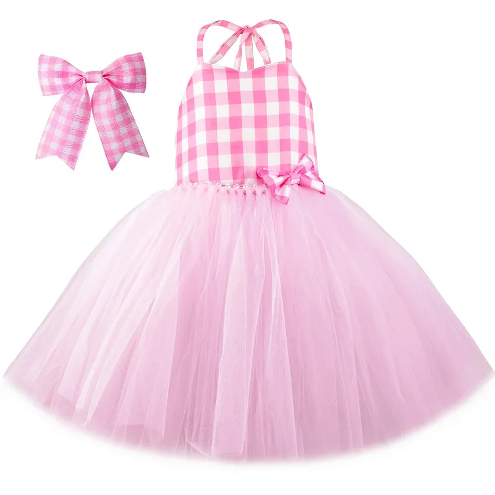 Movie Cowgirl Barbi Costume for Girls Princess Dress Hot Pink Plaid Margot Robbie Tutu Dress Kids Birthday Party Tulle Dresses