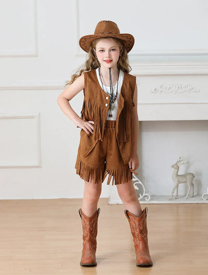 Costume de Cowboy pour filles, gilet à franges, Style bohème rétro, short en Denim occidental en velours pour filles, Costume Hippie
