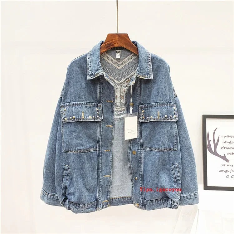 Rivet Embroidery Tassel Denim Jacket Women Loose Long Sleeve Short Outwear Spring Autumn Fashion Black Jeans Jacket Coat Female