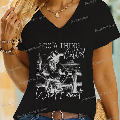 T-shirts Cowgirls Mode Hauts d'été Cadeaux Western Sauvage Tops Décontractés Je Fais Ce Que Je Veux Chemise Cheval Cowgirl
