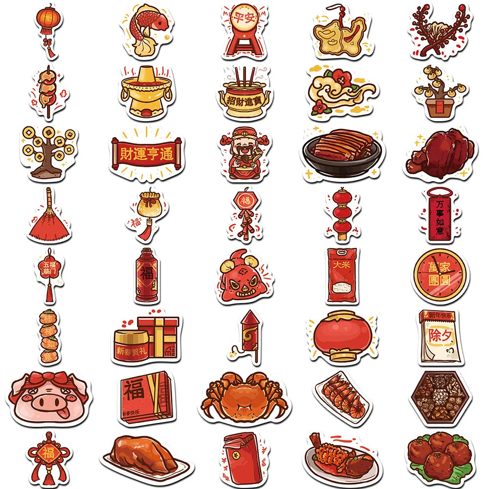 Autocollants de Style National de Dessin Animé, Nouvel An Chinois, pour Valise, Ordinateur Portable, Bagages, Téléphone, Voiture, DIY, 10/30/80 Pièces
