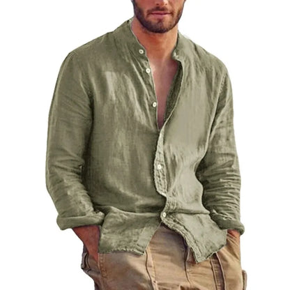 Sweat-shirt à manches longues pour hommes, chemise en lin de couleur unie, tendance, col montant, décontracté, léger, respirant, chemise hawaïenne