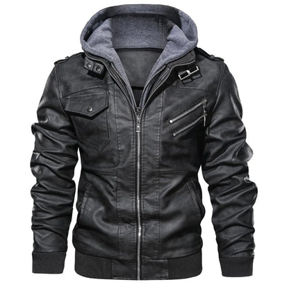 Male PU Hooded Collar Zipper Autumn Casual Slim Windbreaker Chaquetas Motorcycle Leather Jacket Men Winter Fleece Tactics Coat