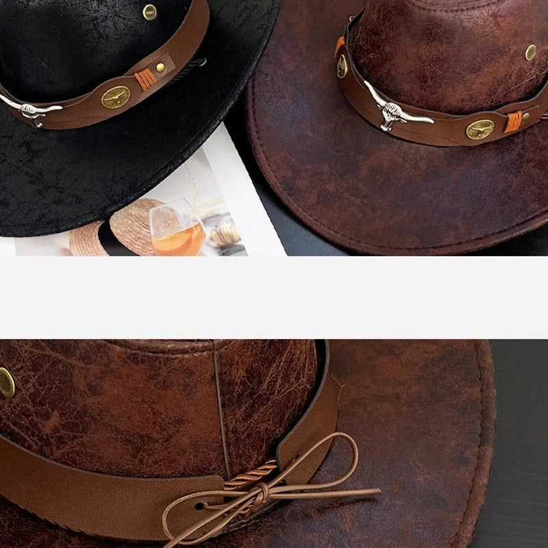 Faux Leather Western Cowboy Hats For Women Men Vintage Gentleman Cowgirl Jazz hat Holidays Party Cosplay Hat