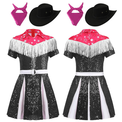 Déguisement de cow-girl pour enfants filles, robe à franges et paillettes avec chapeau de cowboy et bandana, tenue de fête de carnaval d'Halloween