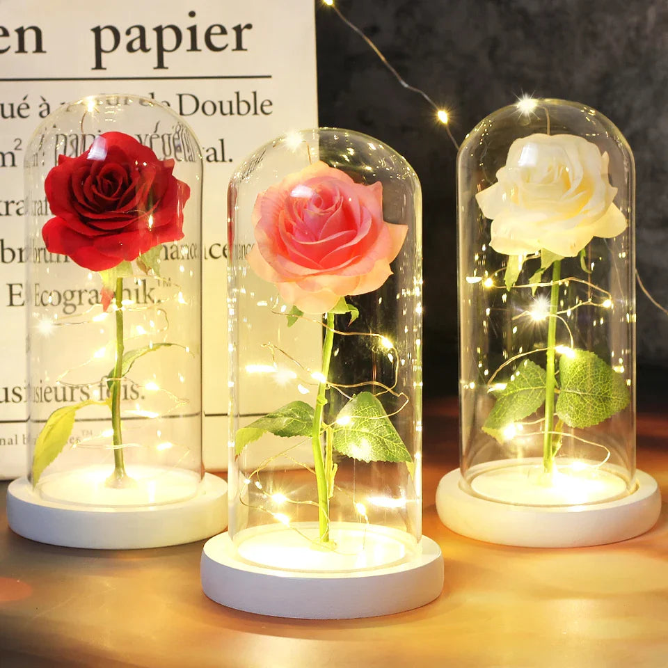 Fleurs lumineuses LED enchantées avec la Belle et la bête, dôme de roses décoratif pour mariage, saint-valentin, cadeau de fête des mères