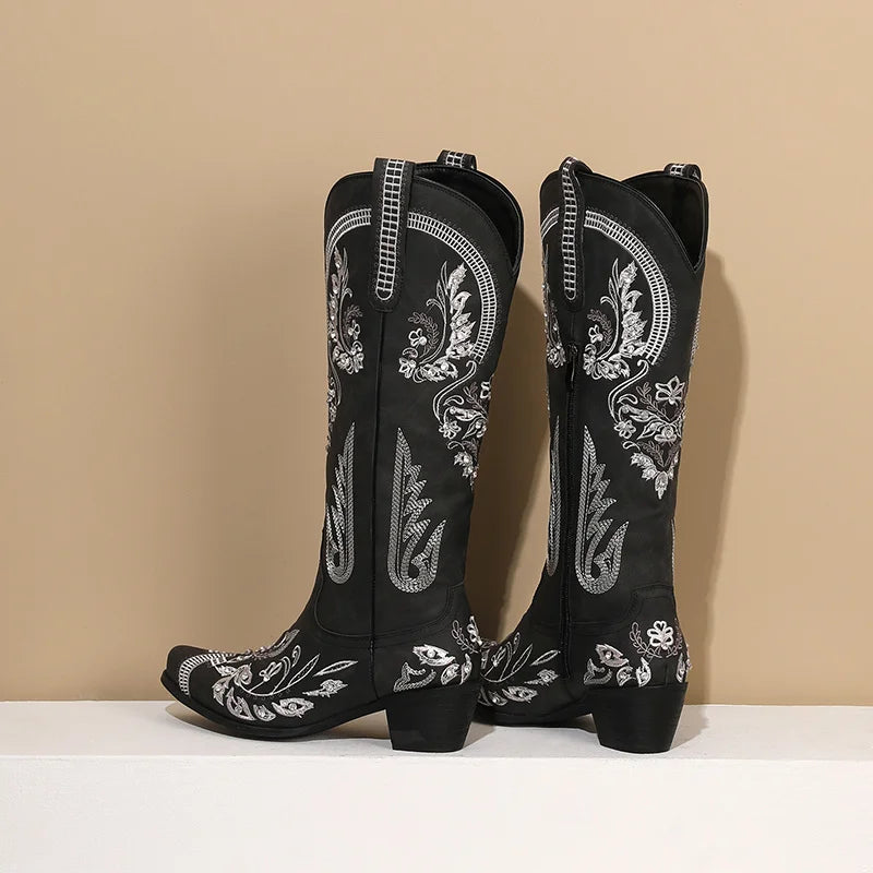 Bottes de cowboy occidentales au genou pour femmes, broderie de fleurs, biscuits, blanc, marron, rond, Parker, talons hauts, rétro, bottes longues de cowgirl