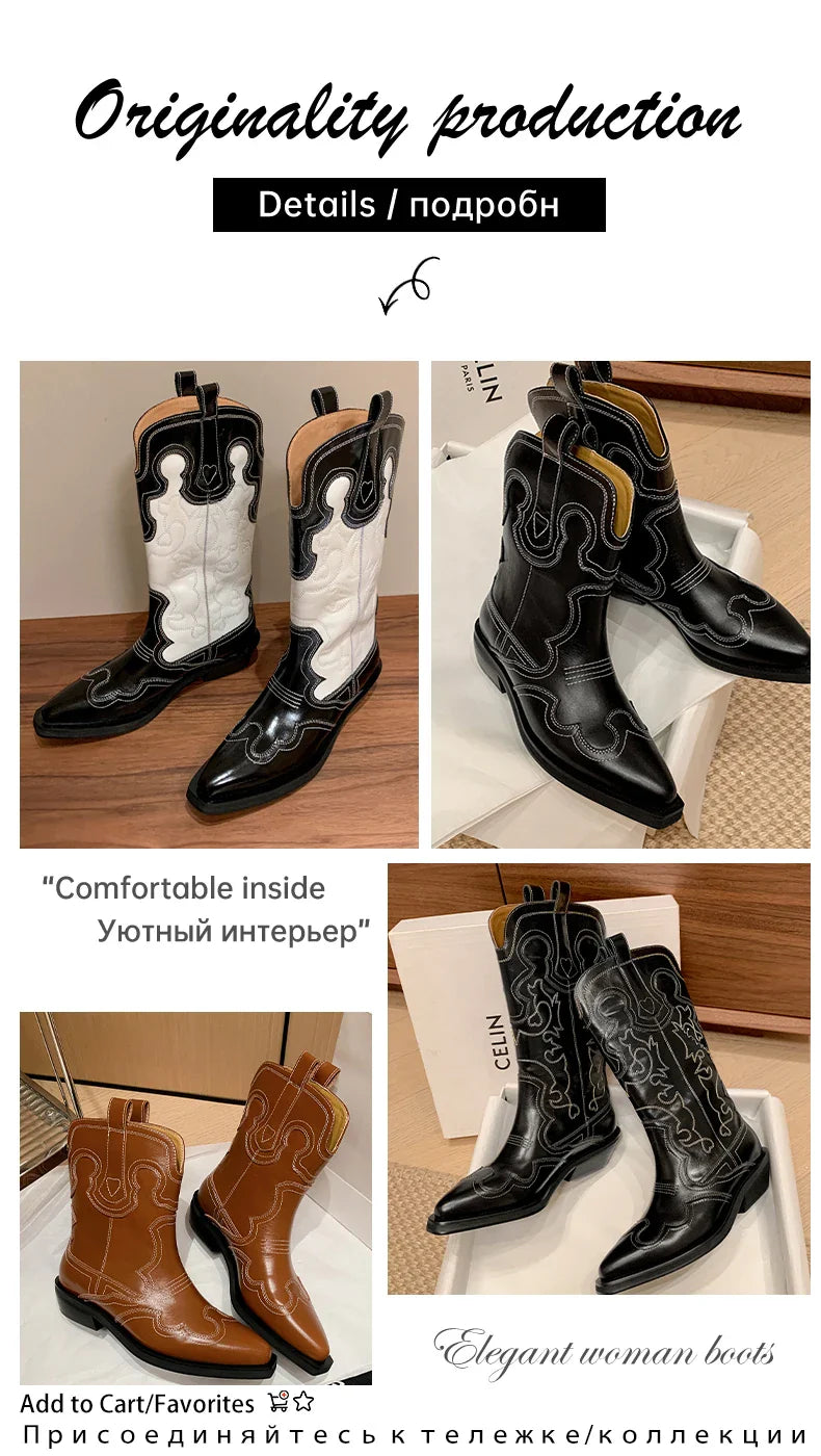 Ods Cowboy Western Boots For Women Real Leather Embroidered Pointed Toe Mid-calf Western Boot Retro Fashion Casual High Quality