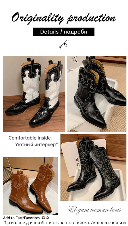 Ods Cowboy Western Boots For Women Real Leather Embroidered Pointed Toe Mid-calf Western Boot Retro Fashion Casual High Quality