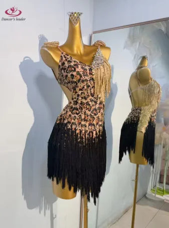 Robe de danse latine haut de gamme, personnalisée, coupe ajustée, imprimé léopard, jupe à franges noire, Samba Tango, costume de scène pour femmes adultes