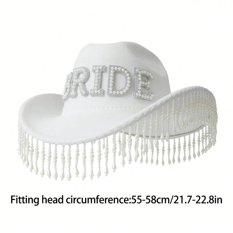 Cowgirl Hat for Bride Elegant Fringed Bead Hat Masquerade Party Letter Bride Hat Dropshipping