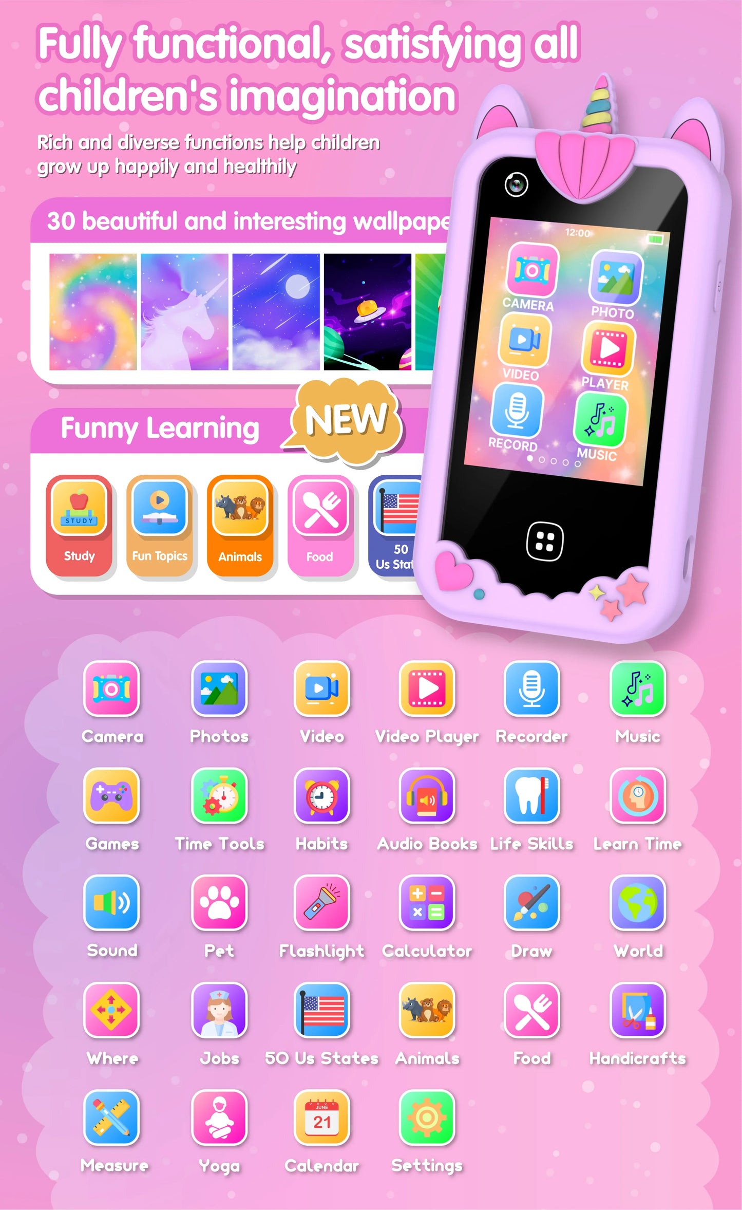 Téléphone intelligent pour enfants Filles Garçons Jouets Téléphone portable Double appareil photo Lecteur de musique 17 jeux Téléphone d'apprentissage pour tout-petits Cadeaux d'anniversaire