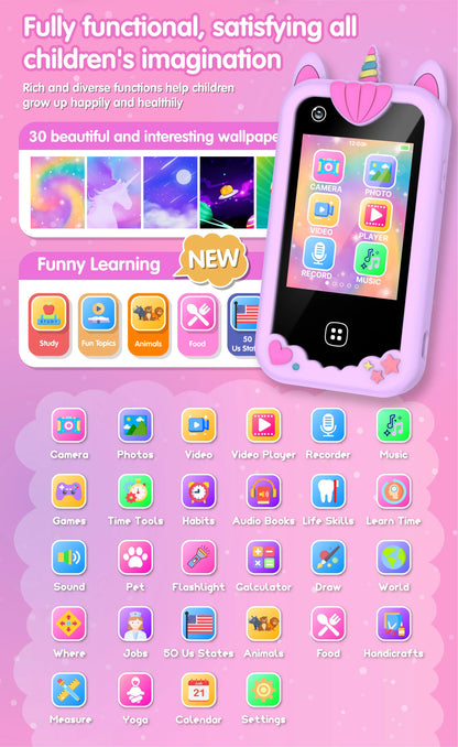Téléphone intelligent pour enfants Filles Garçons Jouets Téléphone portable Double appareil photo Lecteur de musique 17 jeux Téléphone d'apprentissage pour tout-petits Cadeaux d'anniversaire