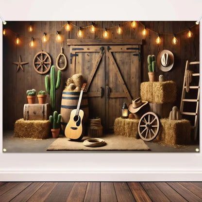 Western Party Backdrop Western Cowboy Party Decoration West Decor Wooden House Barn Photo Background for Birthday Wedding Supply