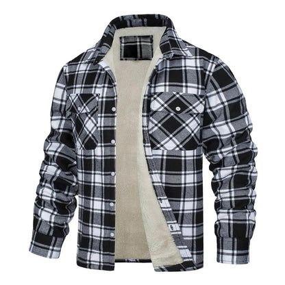 Men Fall Winter Jacket Plaid Print Lapel Soft Plush Long Sleeve Single-Breasted Loose Thickened Casual Mid Length Men Coat