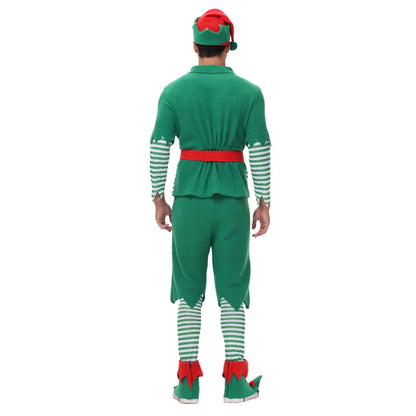VIP FASHION Men Christmas Elf Costume with Hat Stockings Shoe Covers Belt Fancy Xmas Party Dress Up Outfit Male Festival Clothes