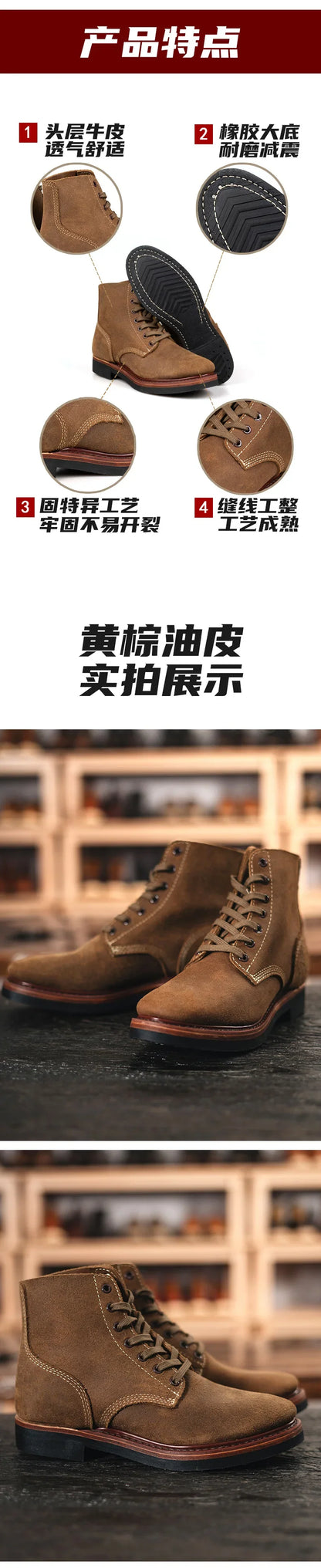 Bottes de Moto rétro en cuir de vache, montantes, durables, soudées Goodyear, chaussures de marche résistantes à l'usure pour hommes