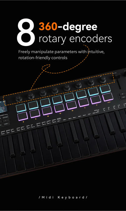 Clavier MIDI M-VAVE All Black PRO 37 touches, 16 tampons RGB, 4 faders, 8 encodeurs, moteur de synthétiseur FM DX-7 intégré, 5 couleurs en option