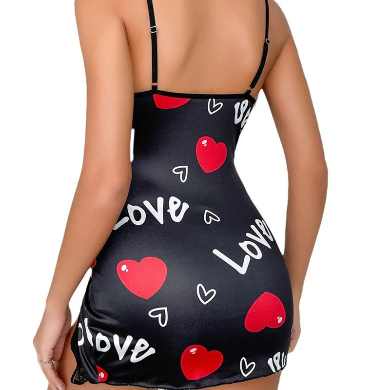 Pyjama femme en dentelle, col en V, fente latérale, imprimé lettres d'amour, robe de nuit noire à bretelles
