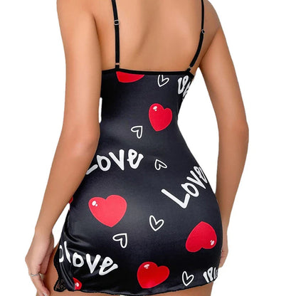 Pyjama femme en dentelle, col en V, fente latérale, imprimé lettres d'amour, robe de nuit noire à bretelles