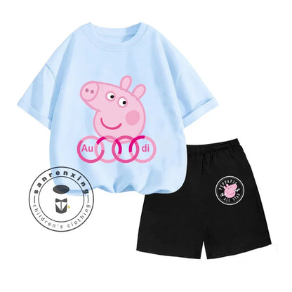 Ensemble d'été Peppa Pig pour garçons et filles, avec dessin animé imprimé, col rond, manches courtes mignonnes et short simple
