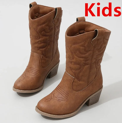 Classic Western Knee High Boots for Girls Premium Quality Slip-on Cowboy Long Booties Kids Autumn Heeled Point Botas Kids Shoes