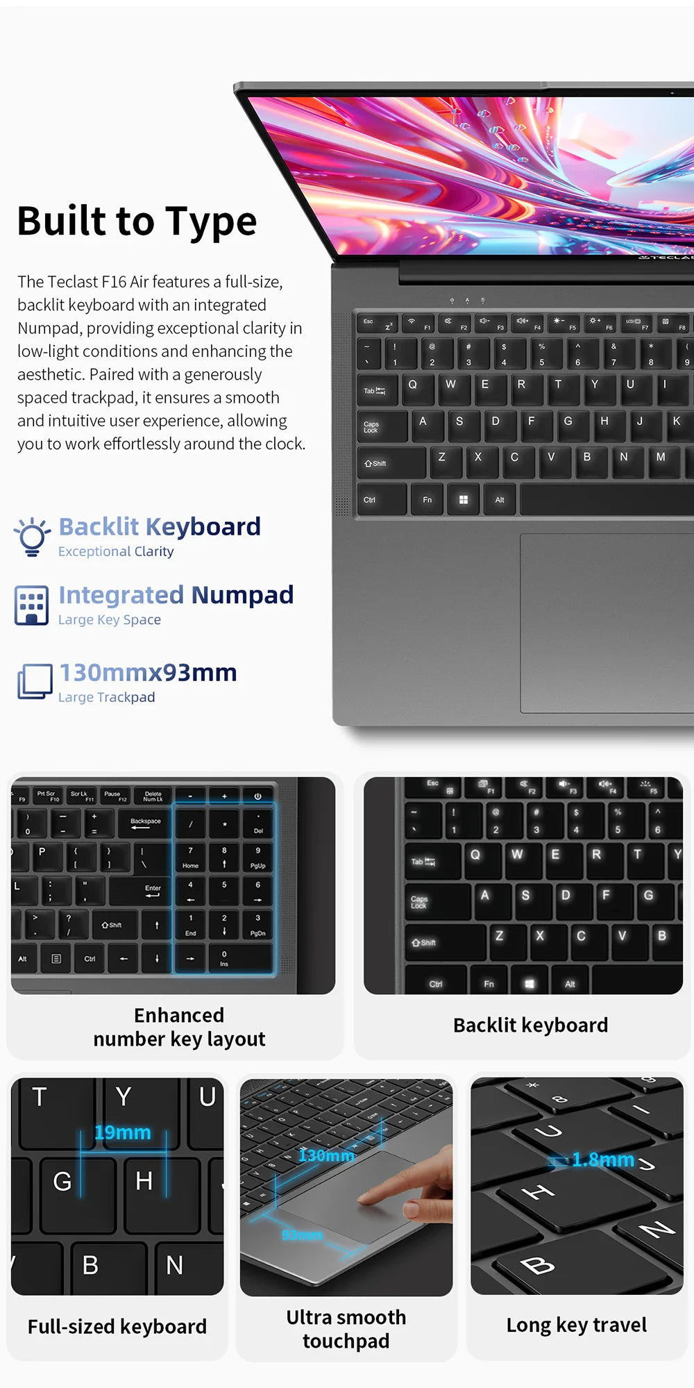TECLAST F16 Air 16 inch laptop, Flip 180 degree, 16GB + 512GB, for Intel N95 CPU, Windows 11, mini HDMI, backlit keyboard